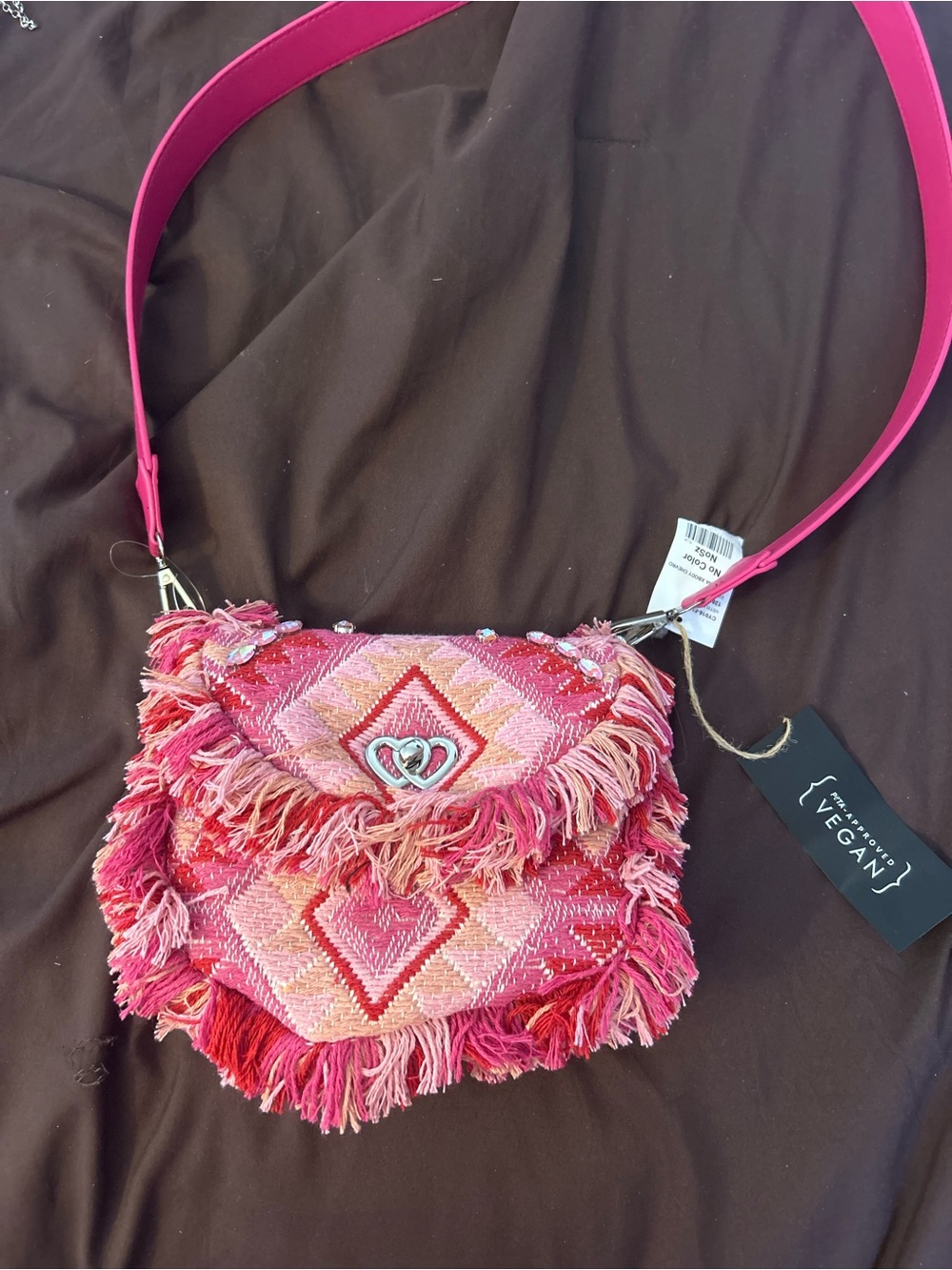 Vegan Pink Fringed Shoulder Bag with Heart Clasp
